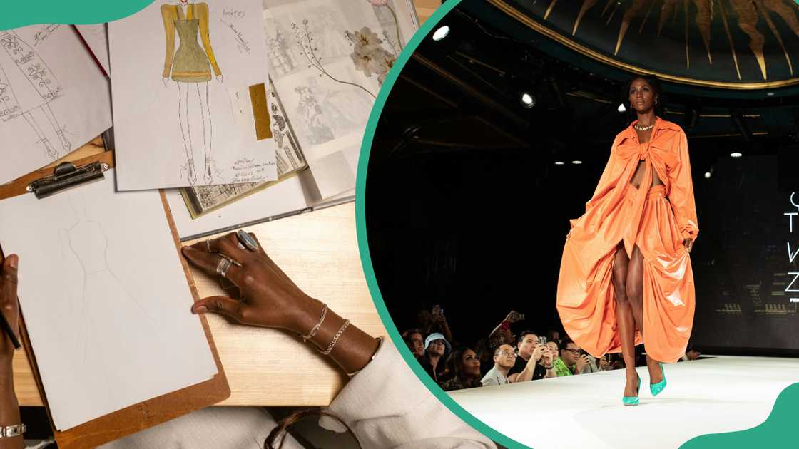 A fashion designer sketching designs and a model in an orange outfit walking the runway A fashion designer sketching designs and a model in an orange outfit walking the runway