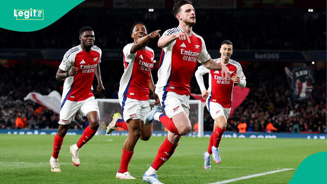 Declan Rice, Myles Lewis-Skelly, Thomas Partey, Gabriel Martinelli, Arsenal, Real Madrid, Emirates Stadium, London, England, UEFA Champions League.