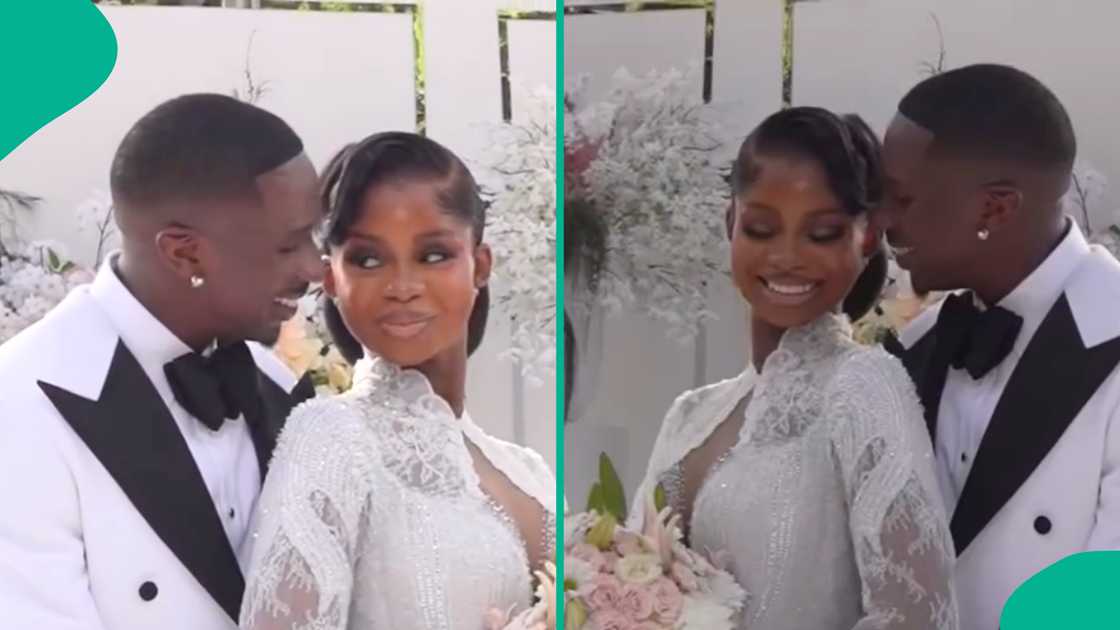JP25: Priscy and Juma Jux finally storm white wedding venue.