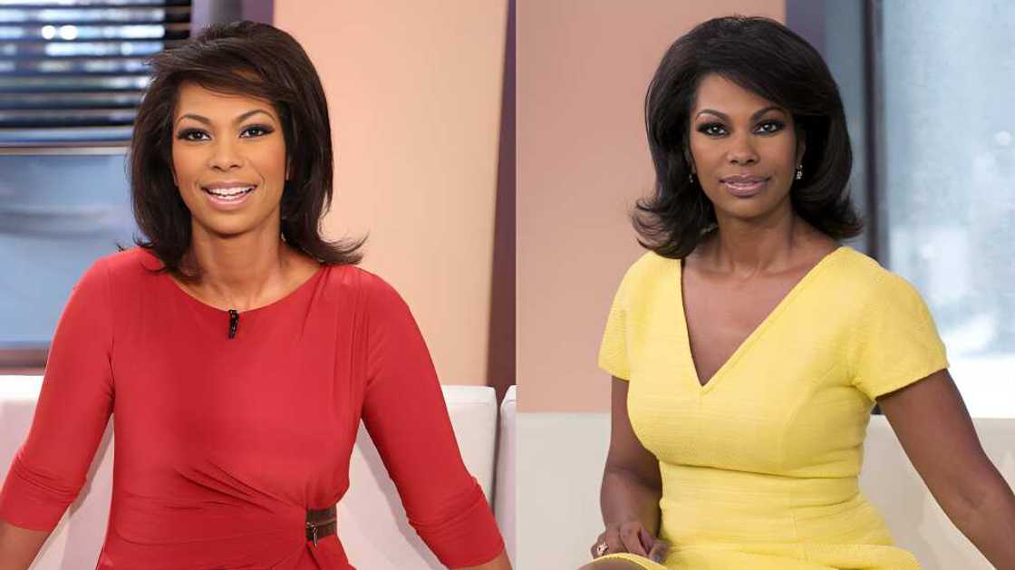 Harris Faulkner in red and yellow official dresses. Harris Faulkner in red and yellow official dresses.