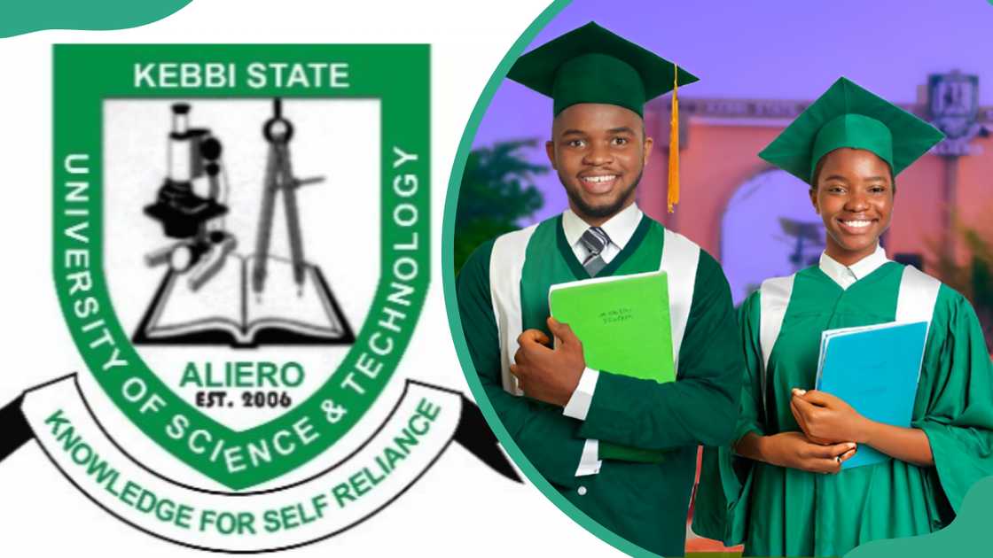 Kebbi State University logo (L). Kebbi State University students in green graduation gowns (R).