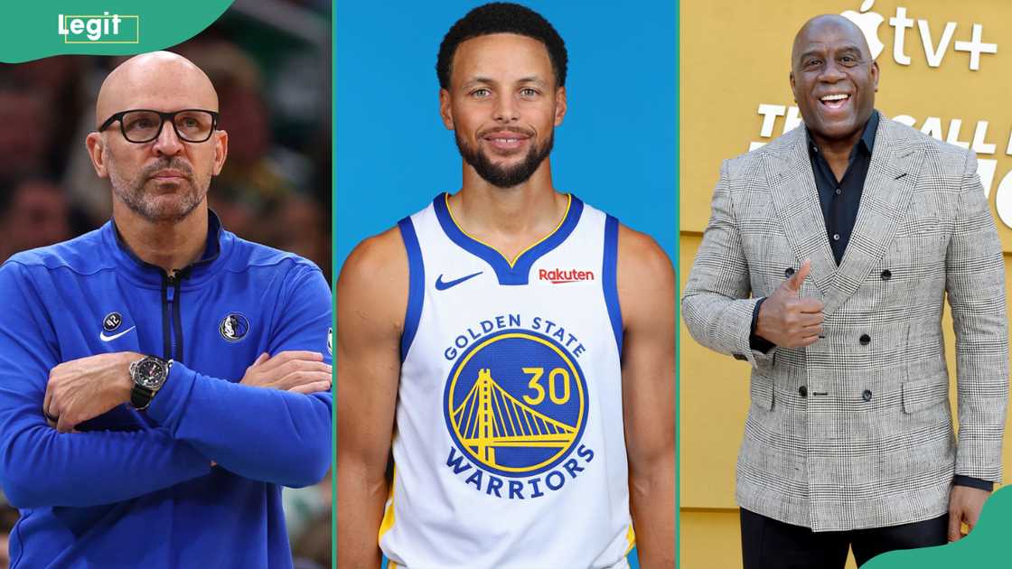 Jason Kidd (L), Stephen Curry (C) and Magic Johnson (R). Jason Kidd (L), Stephen Curry (C) and Magic Johnson (R).
