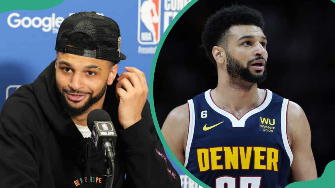 Jamal Murray in Los Angeles, California (L). Jamal Murray at Ball Arena in Denver, Colorado (R). Jamal Murray in Los Angeles, California (L). Jamal Murray at Ball Arena in Denver, Colorado (R).
