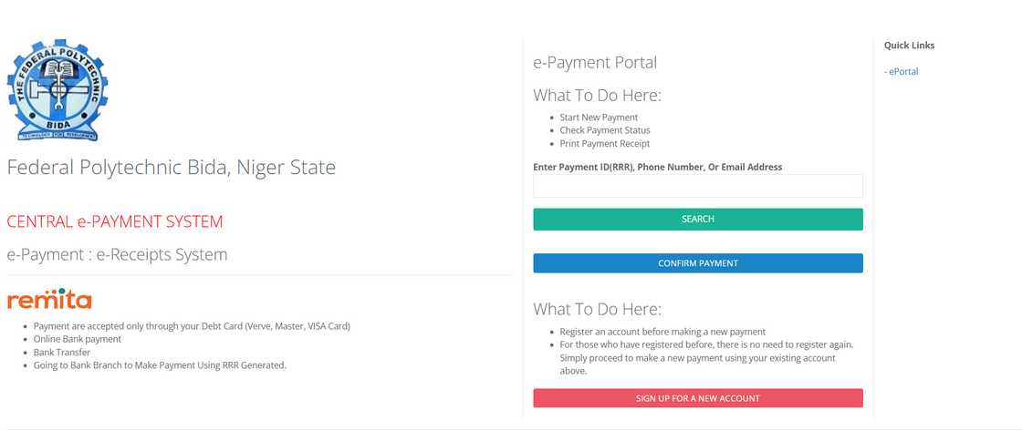 Federal Polytechnic Bida ePayment portal Federal Polytechnic Bida ePayment portal