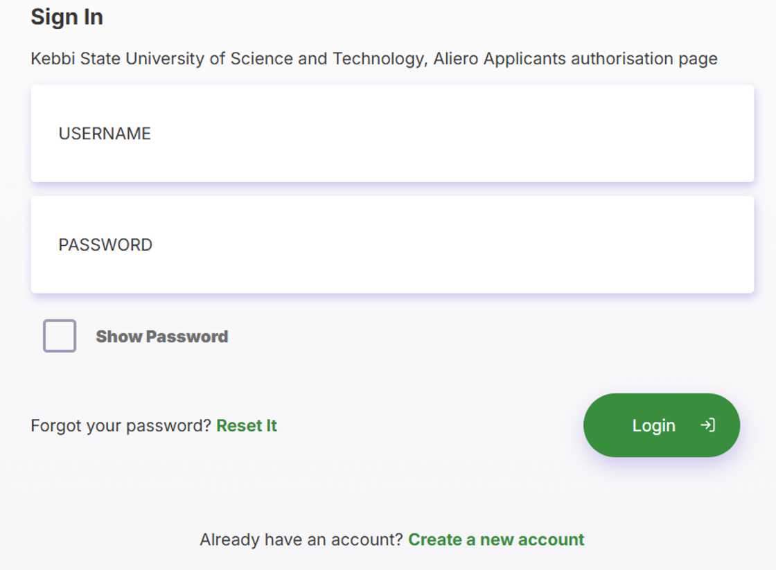 Kebbi State University application portal page.
